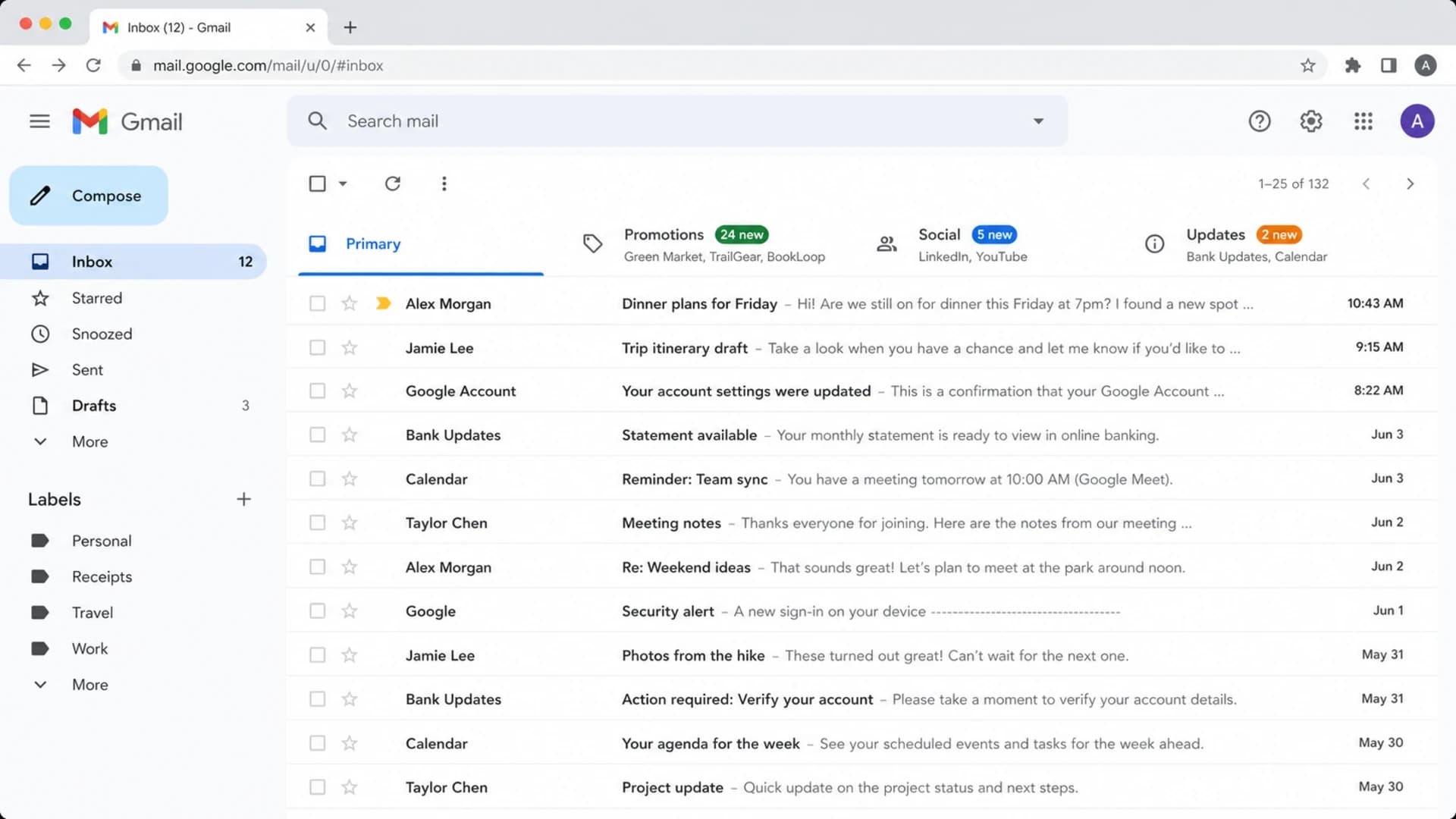 Gmail desktop inbox showing Primary and Promotions tabs with different message types.