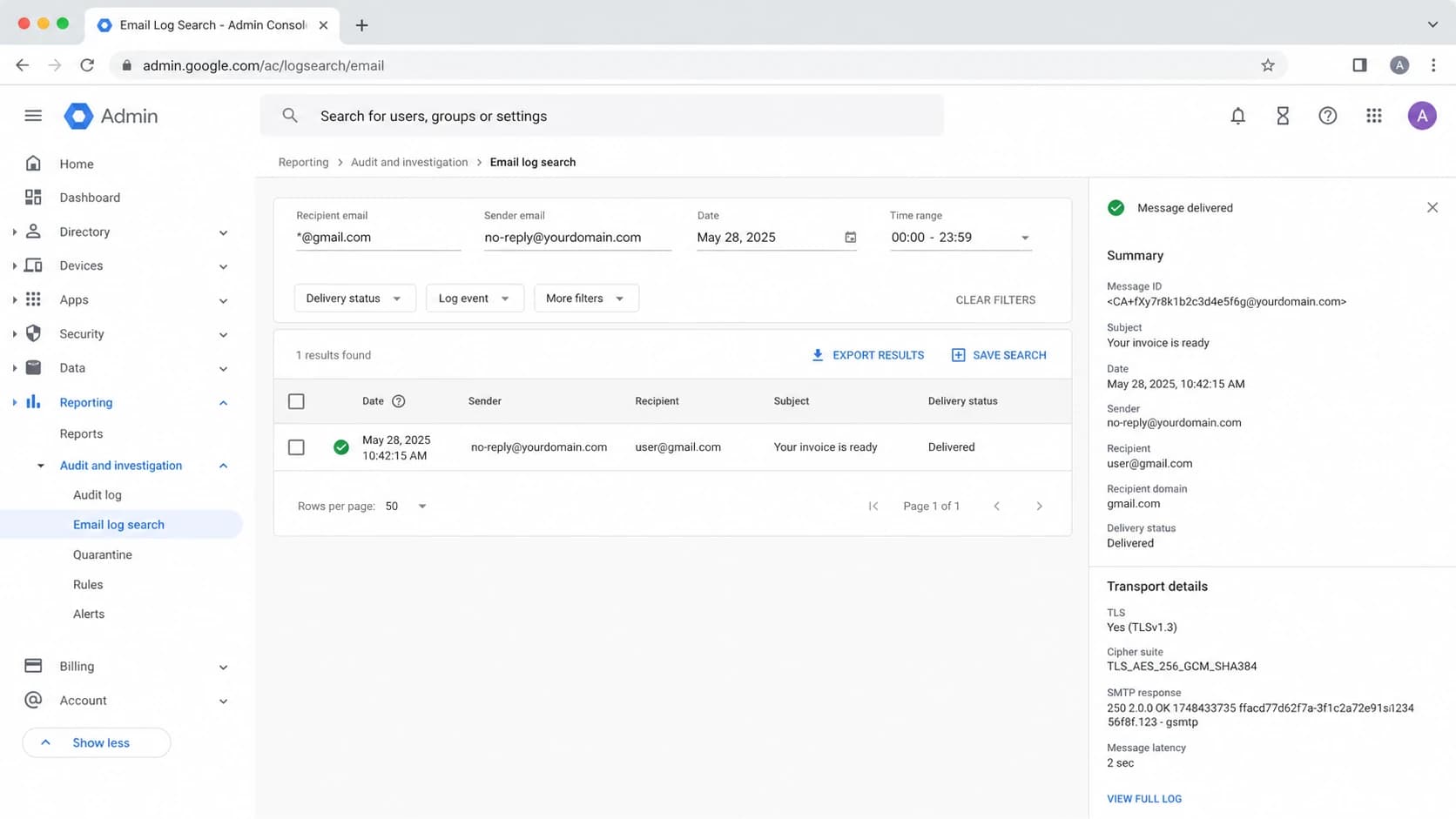 Google Admin Console email log search showing Gmail delivery troubleshooting details.