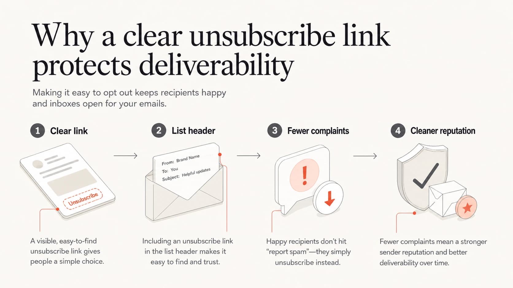 Infographic showing how a clear unsubscribe path reduces complaints.