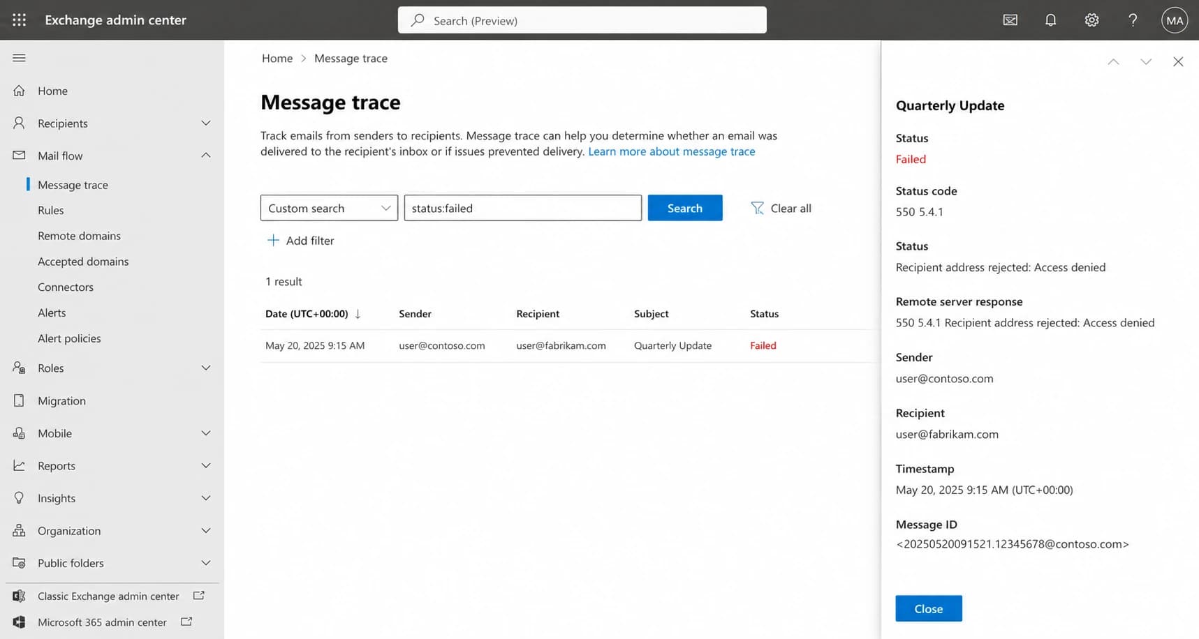 Microsoft 365 Exchange admin center message trace showing a 550 5.4.1 failure.