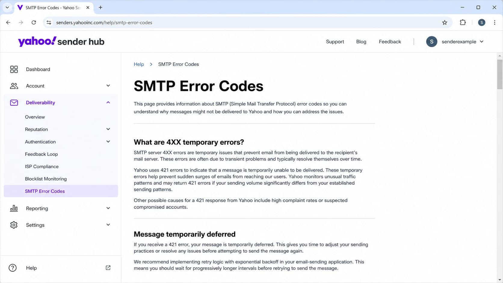 Yahoo Sender Hub SMTP Error Codes page