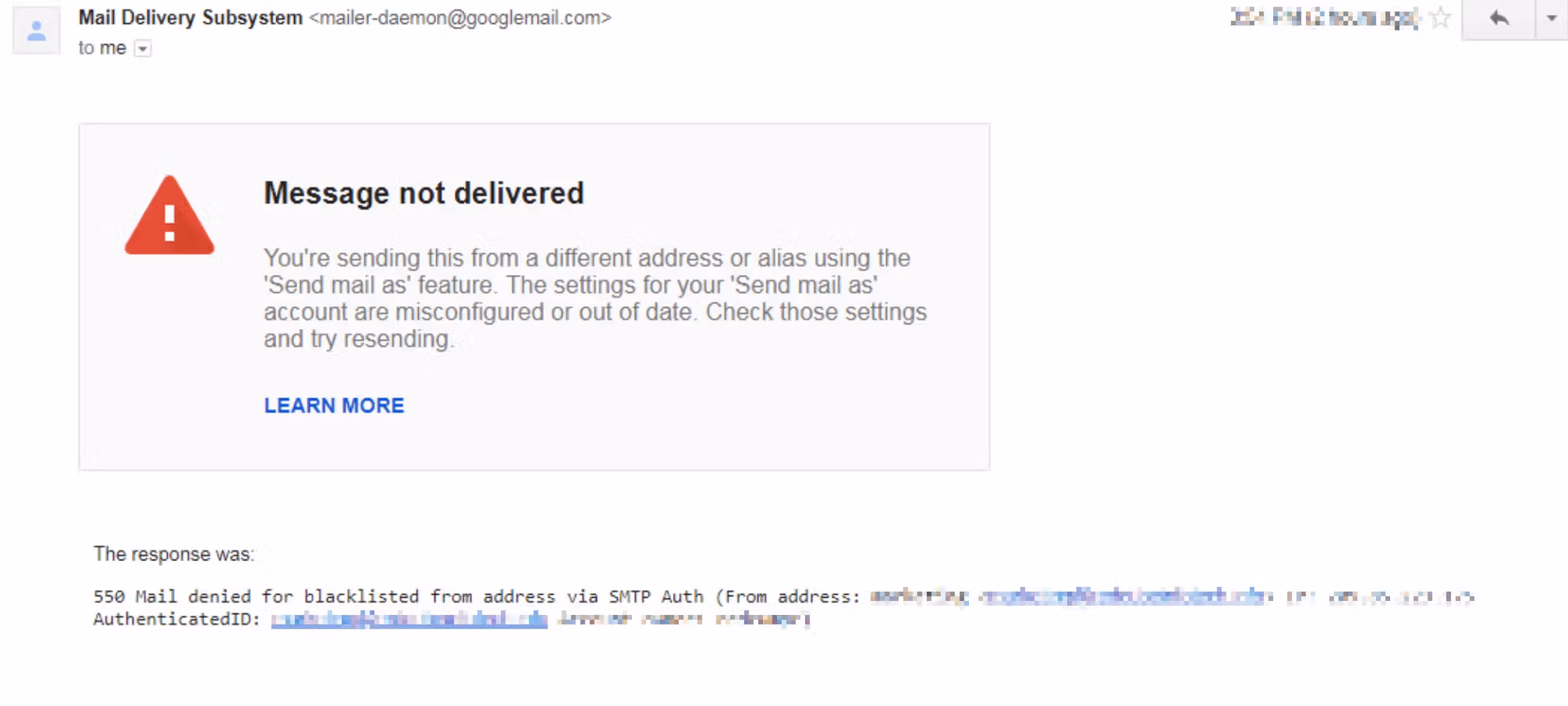 Gmail bounce message showing an email delivery failure reason.