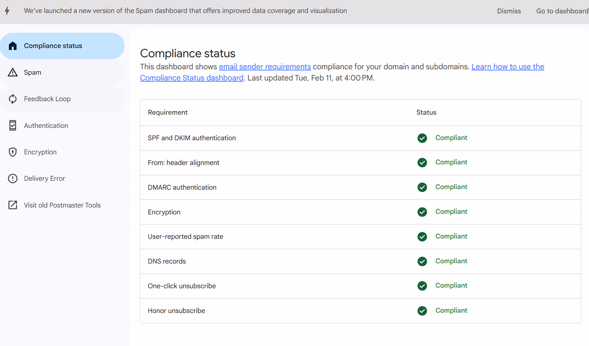 Google Postmaster Tools compliance status for Gmail bulk sender requirements