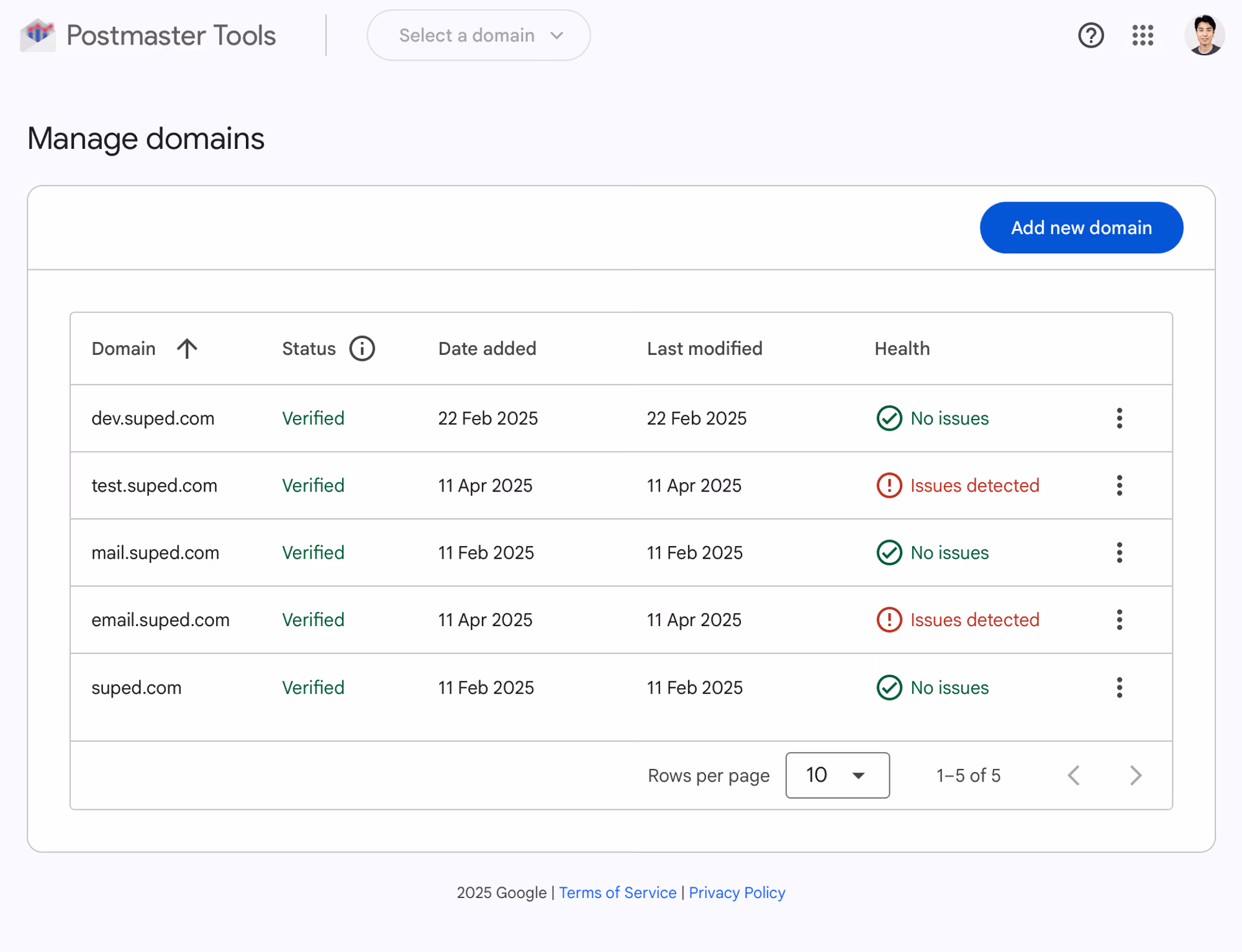 Google Postmaster Tools V2 domain list with verified domains and domain actions.