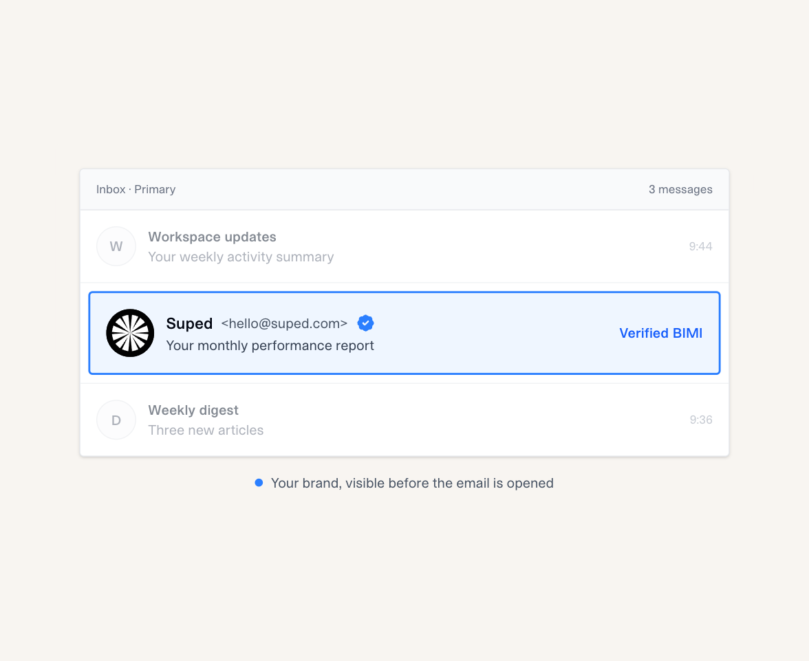 Suped BIMI logo and verified identity in an example inbox