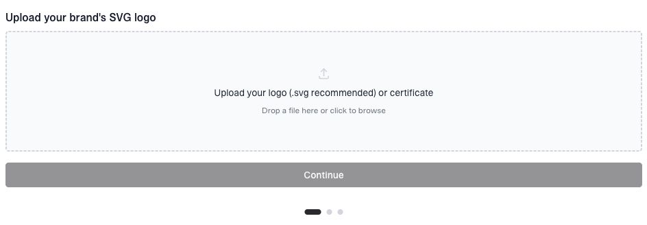 The Hosted BIMI setup wizard starts with uploading your brand's SVG logo or Verified BIMI file.
