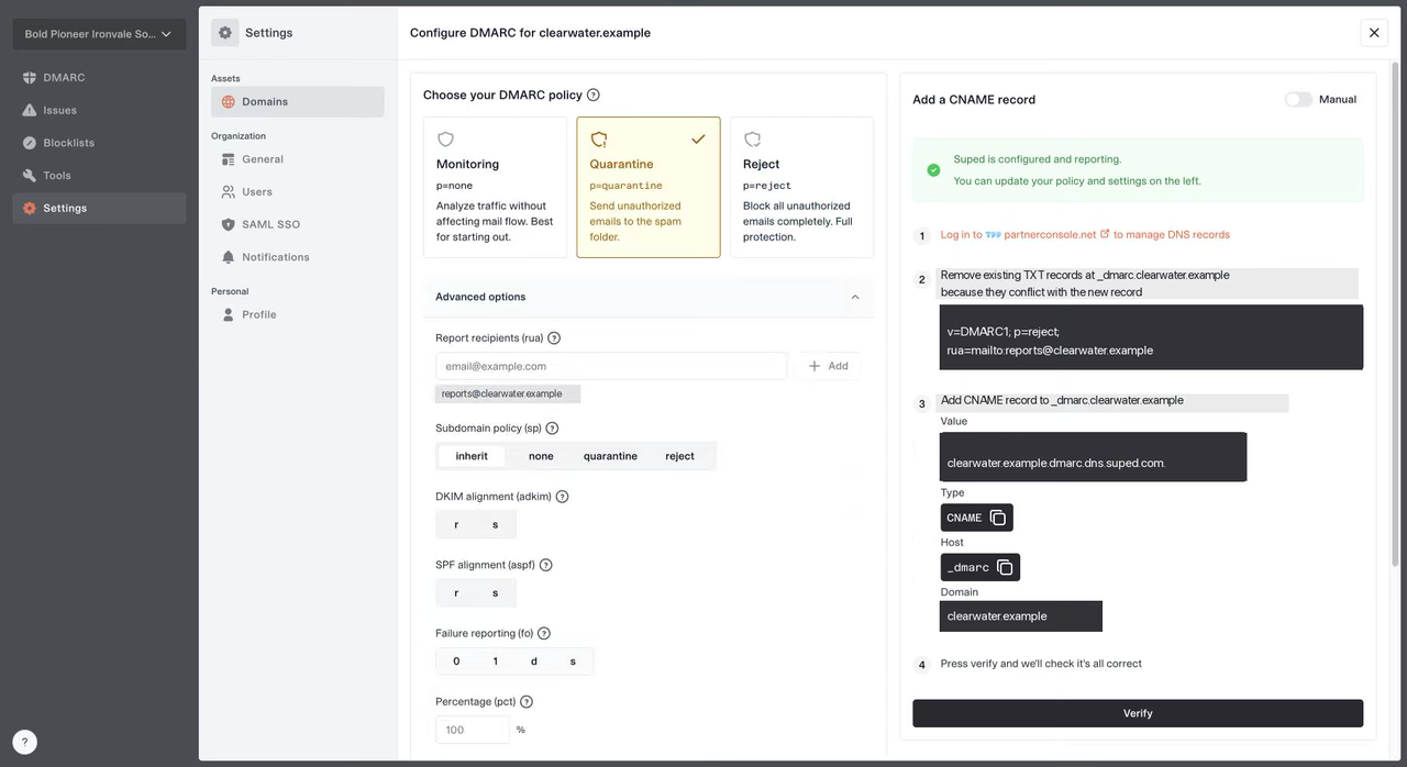 Hosted DMARC configuration with policy options, advanced settings and the CNAME needed to connect an example domain.