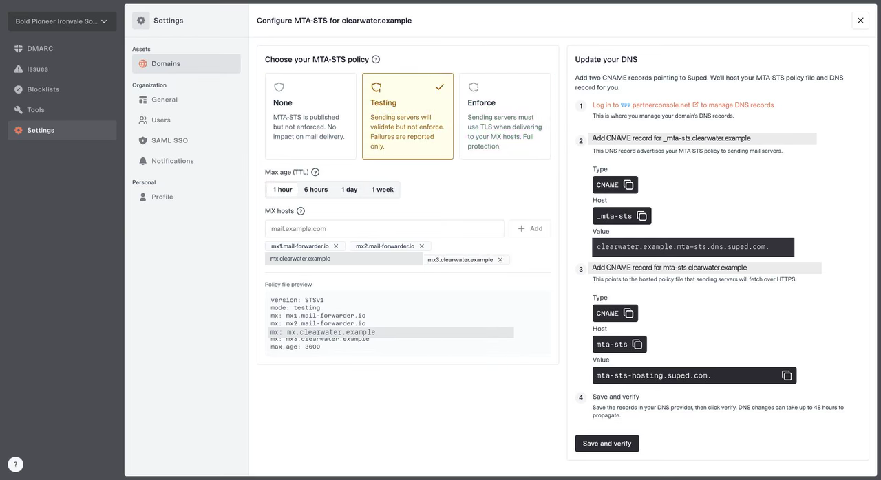 Hosted MTA-STS configuration with Testing mode, MX hosts, policy preview and DNS setup instructions.
