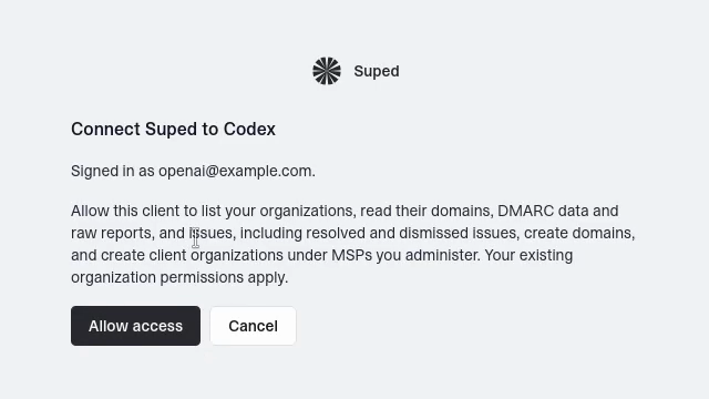 Suped's authorization screen lets you review an MCP client's requested access before connecting.