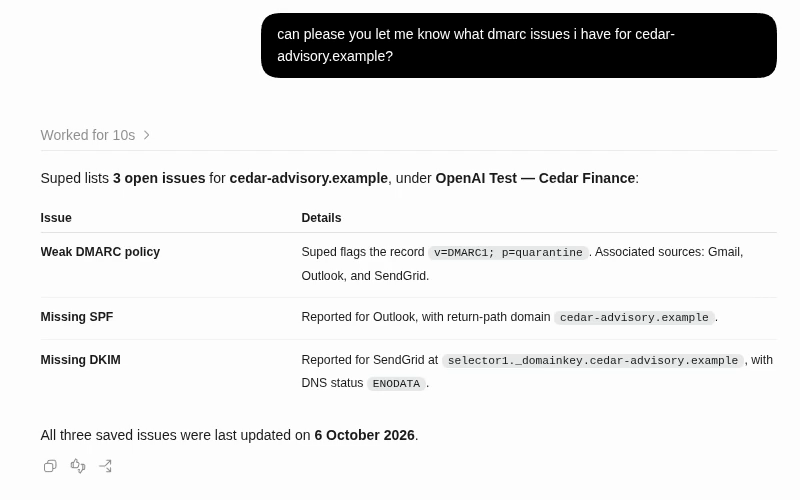 An MCP-connected assistant summarizes three saved authentication issues for a demo organization.