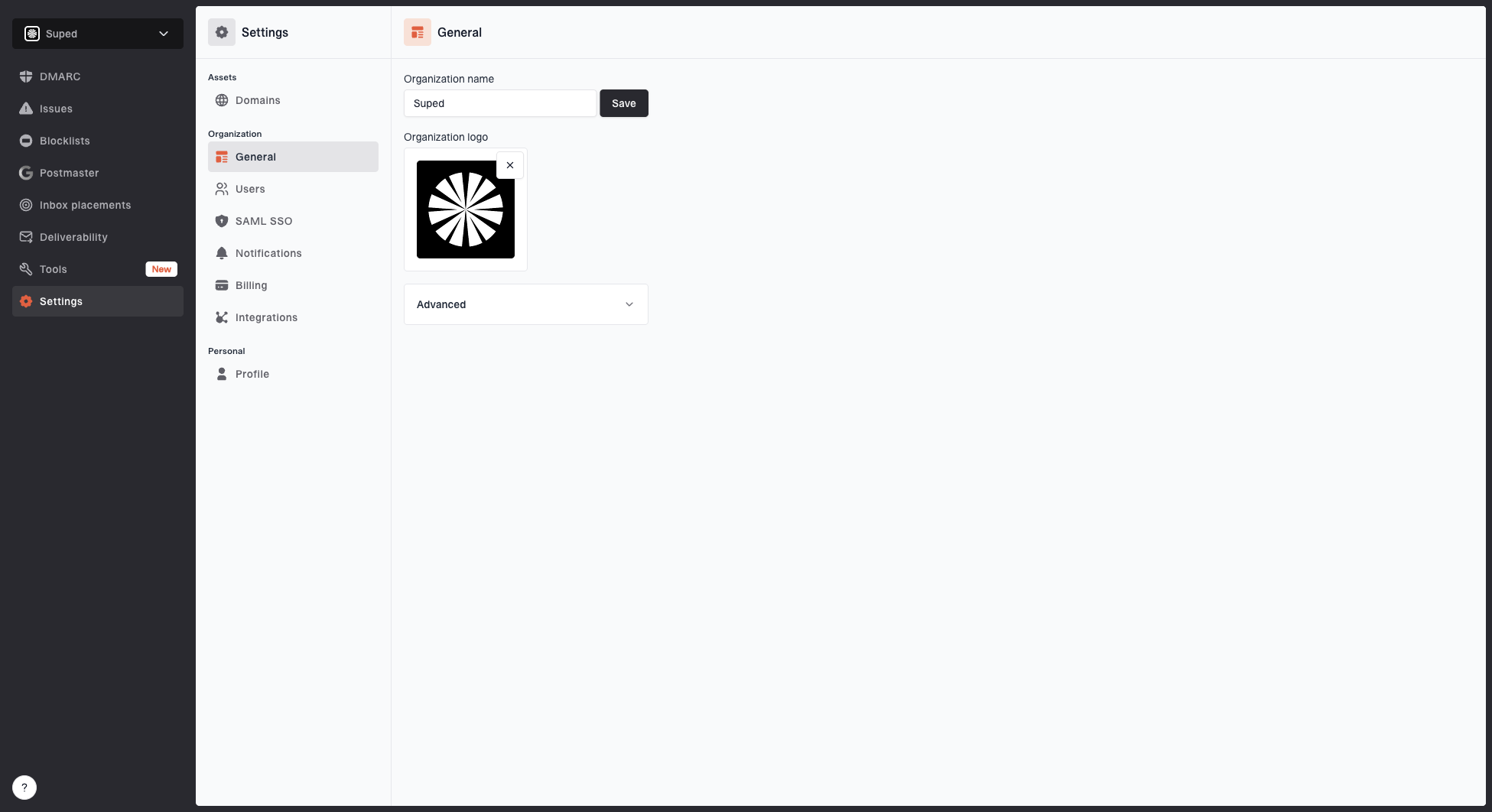 General settings page showing organization name, logo, advanced settings, forwarding, organization ID, and delete action