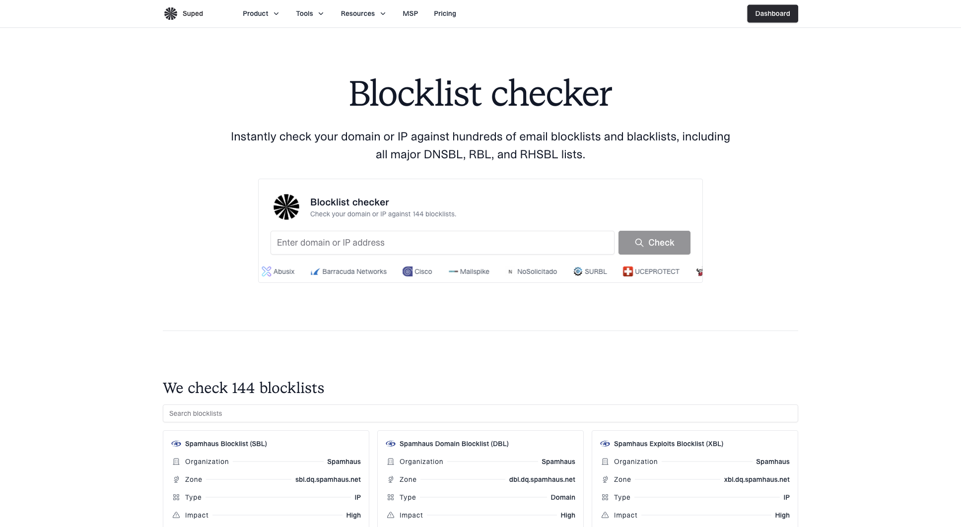 Public blocklist checker page with domain or IP lookup and blocklist result table