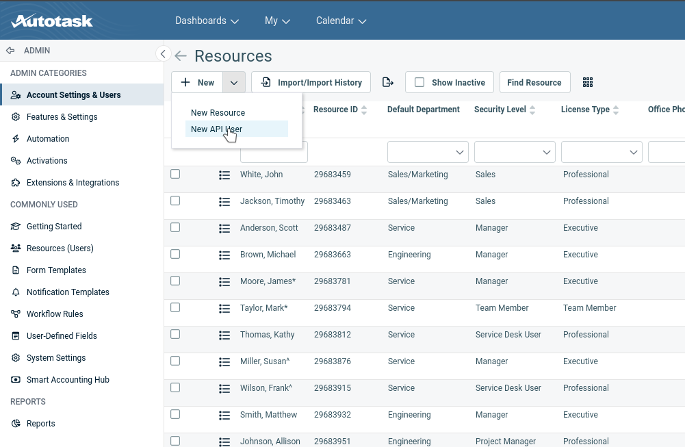 Autotask Resources page with the New menu open and New API User selected