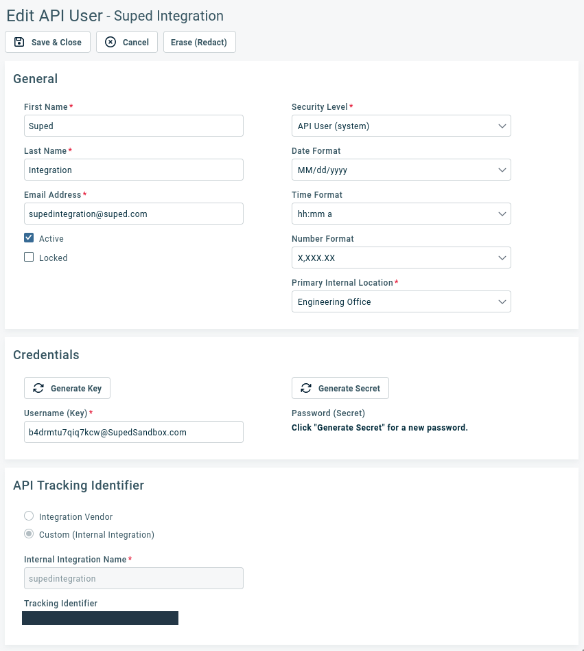 Autotask API user form showing the Suped integration resource, security level, credential generation, and custom API tracking identifier