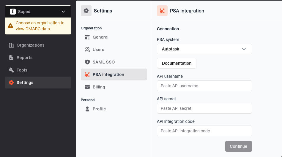 Suped Autotask connection form with API username, API secret, API integration code, and Continue button