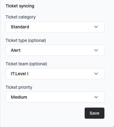Suped Autotask ticket syncing settings with category, type, team, priority, and Save button
