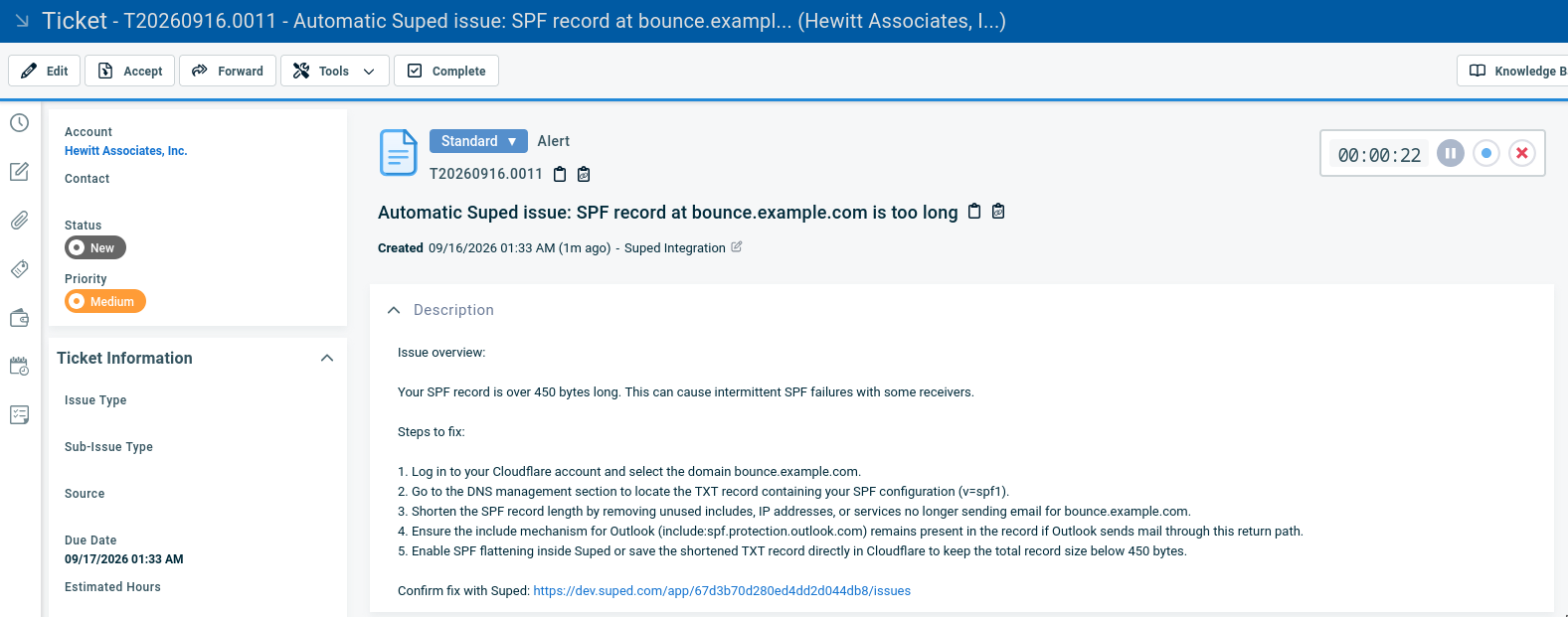 Autotask ticket created by Suped showing an SPF issue, company, status, priority, steps to fix, and Suped confirmation link