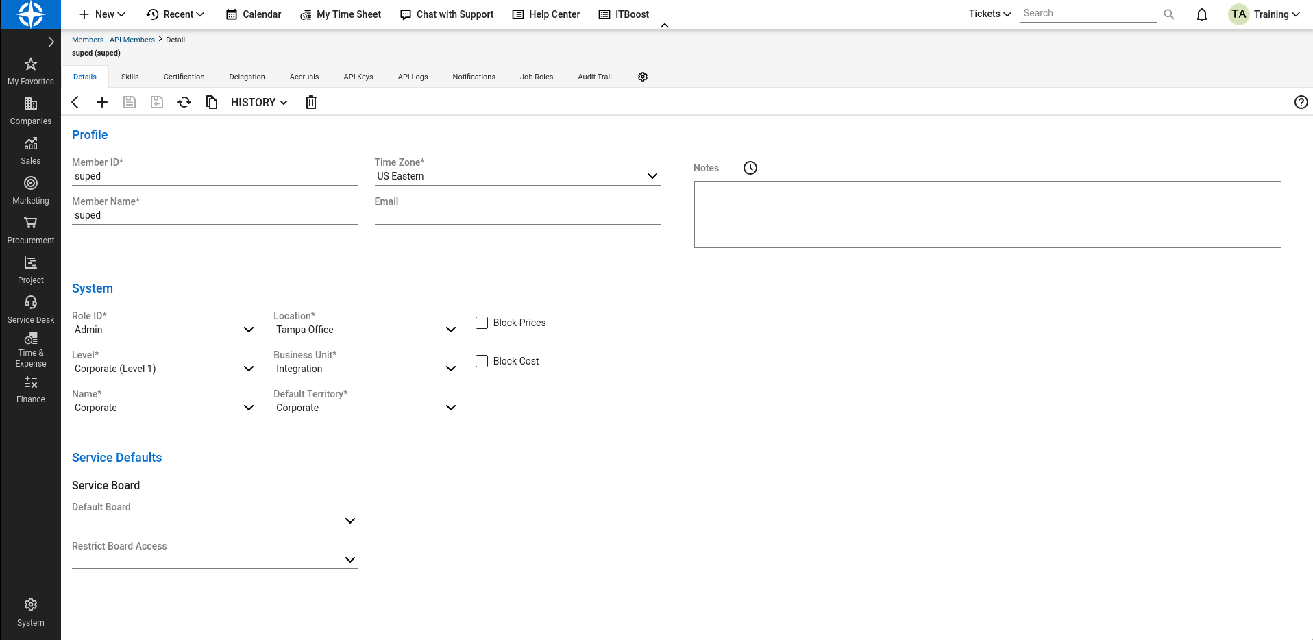 ConnectWise Suped API member details showing member ID, security role, location, and business unit