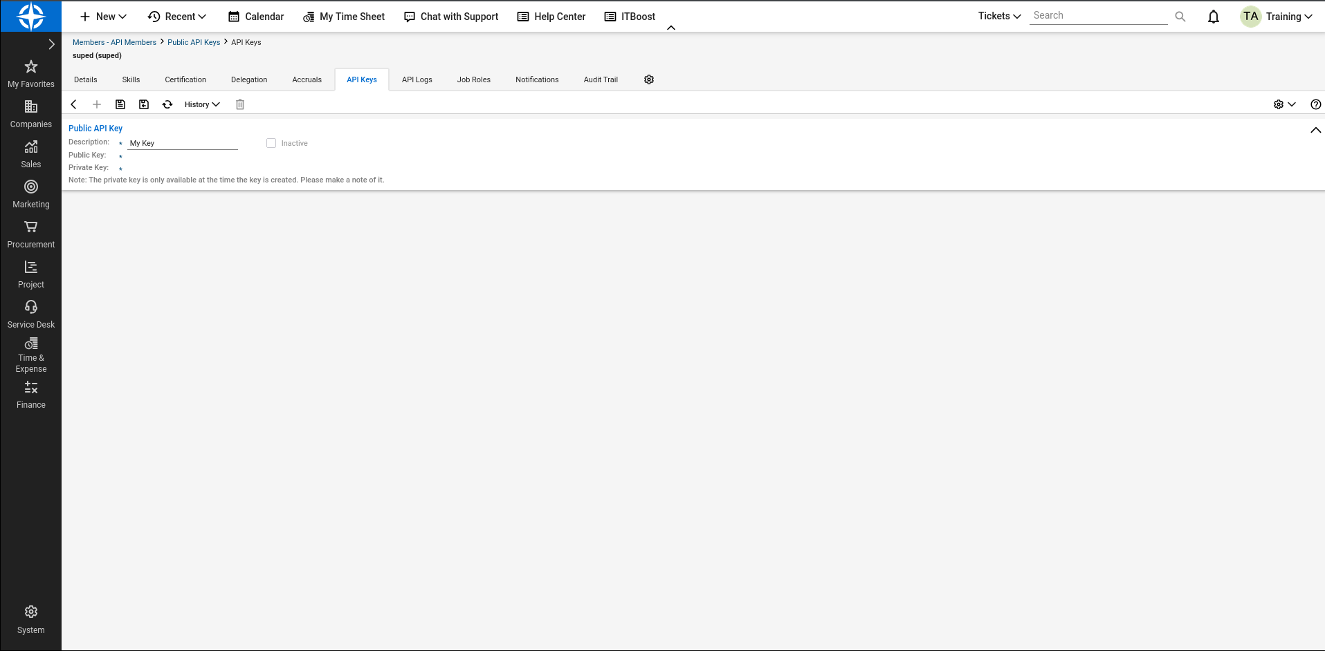 ConnectWise API Keys tab showing the key description and public and private key fields with their values hidden