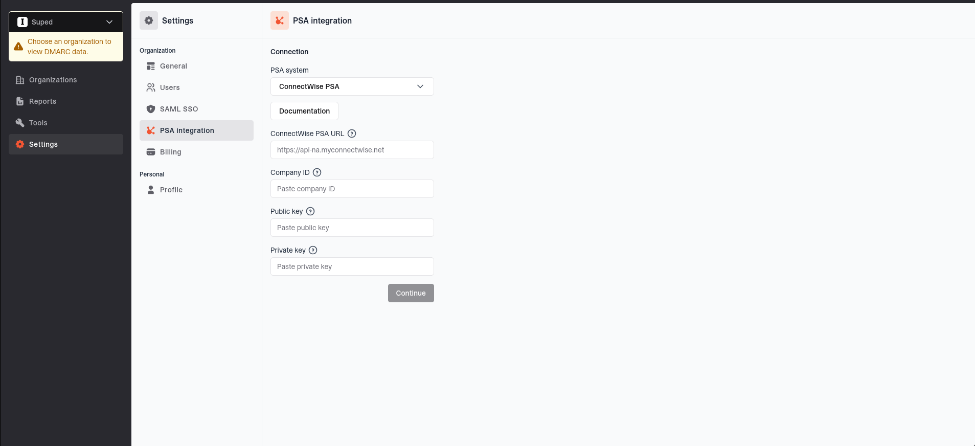 Suped ConnectWise PSA connection form with URL, company ID, public key, private key, and Continue button