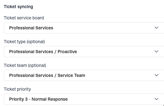 Suped ConnectWise ticket syncing settings showing service board, board-prefixed type and team, and priority