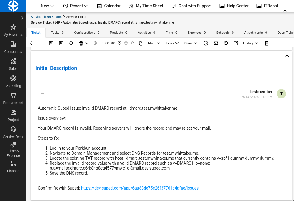 ConnectWise ticket created by Suped showing a DMARC issue overview, numbered steps to fix, and Suped confirmation link