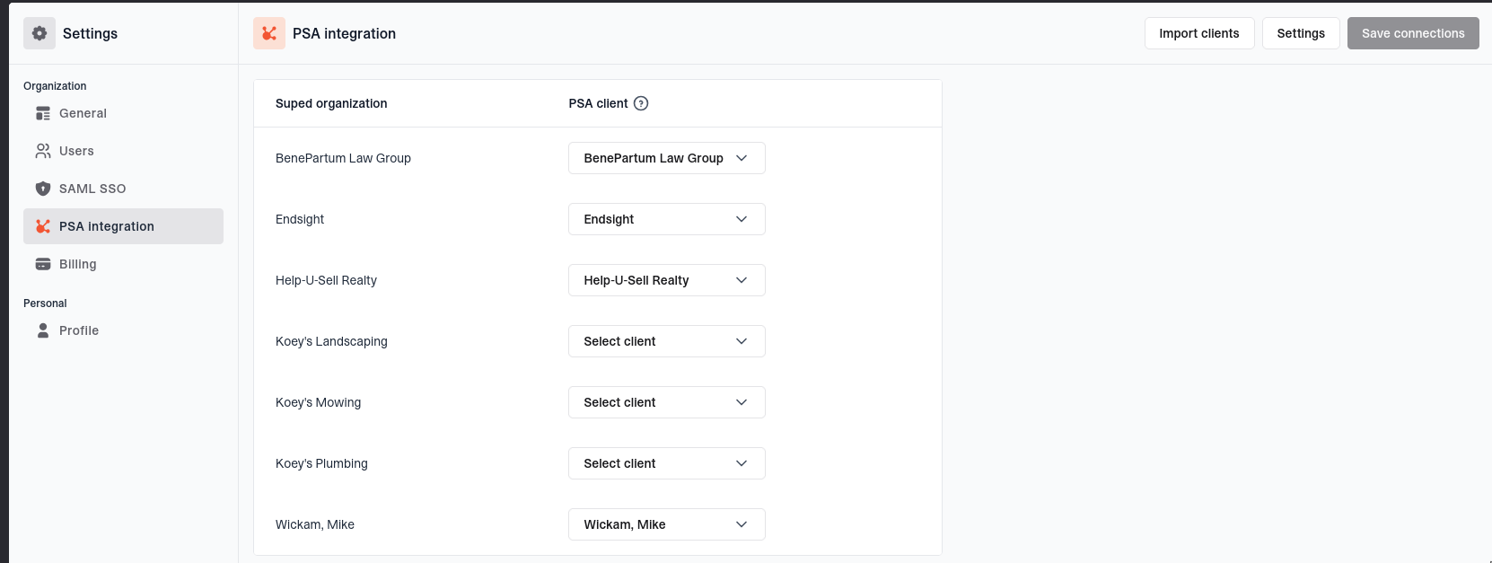 Suped PSA integration page showing organization-to-client mappings and the Import clients, Settings, and Save connections buttons