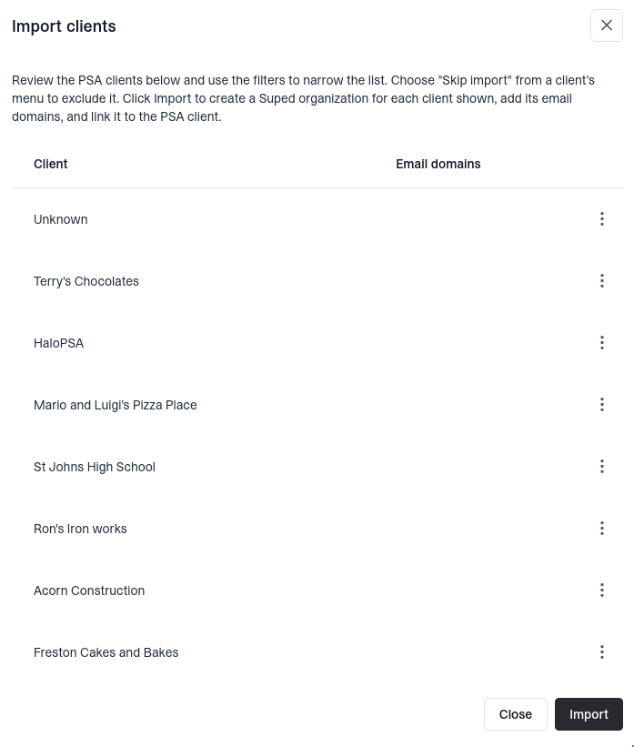 Suped Import clients dialog showing client names, the Email domains column, per-client action menus, and the Import button