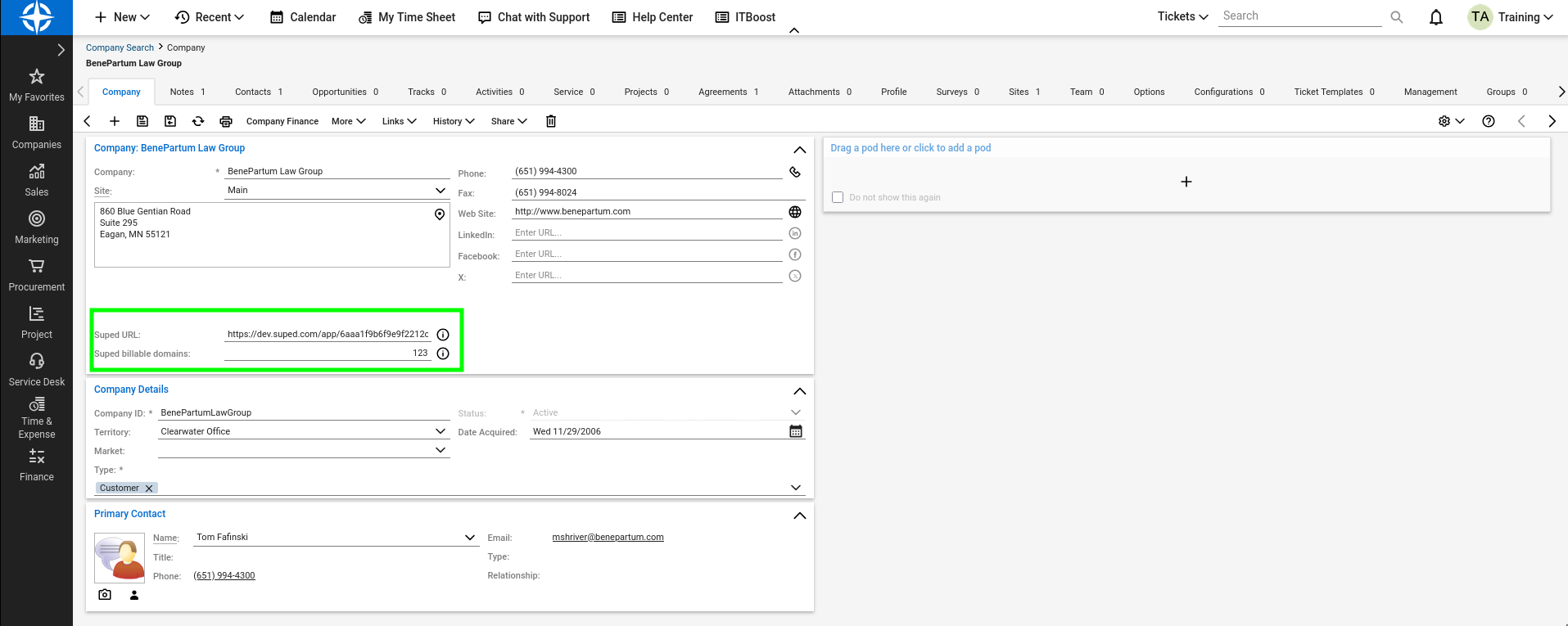 ConnectWise company overview with the Suped URL and Suped billable domains custom fields highlighted