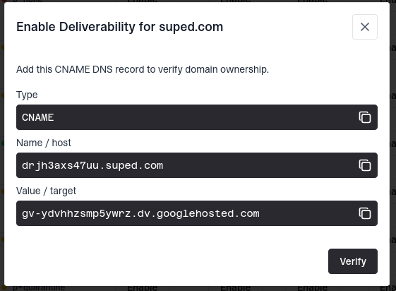 Enable Deliverability dialog showing the CNAME record used to verify domain ownership