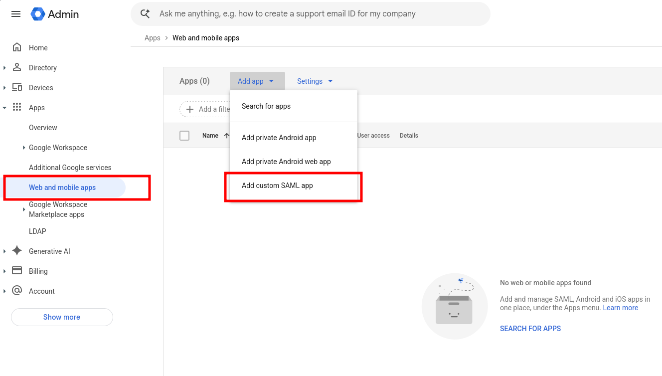 Screenshot of Google workspace admin center showing where to click to go to 'Web and mobile apps' and where to click in there to 'Add custom SAML app'.
