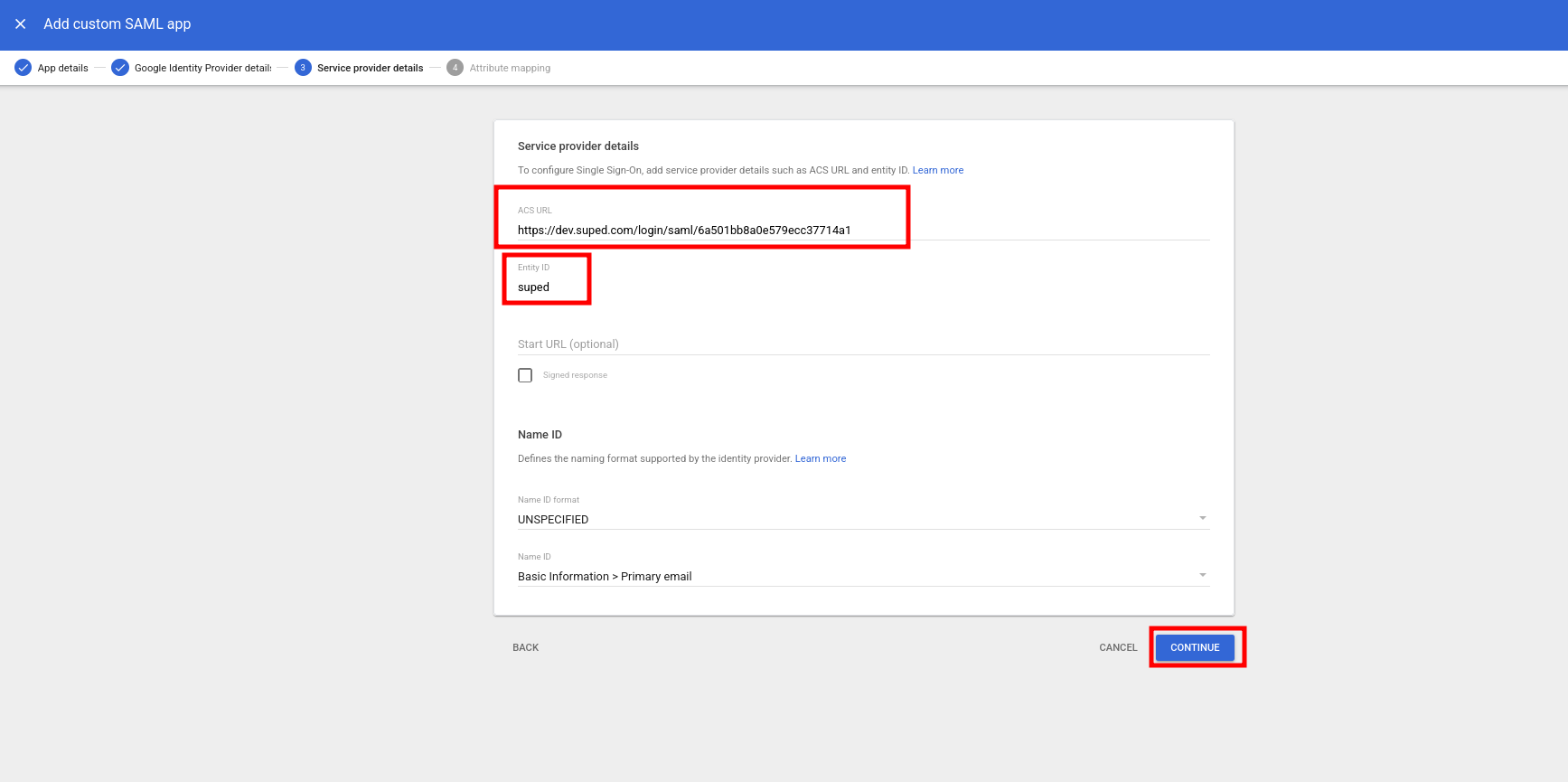 Screenshot of Google workspace admin center showing the third screen of the 'Add custom SAML app' wizard, titled 'Service provider details', with highlights around where you paste the ACS URL that you get from Suped and the Entity ID that you also get from Suped and where you press continue. There are a bunch of extra options here that you can just leave as defaults.