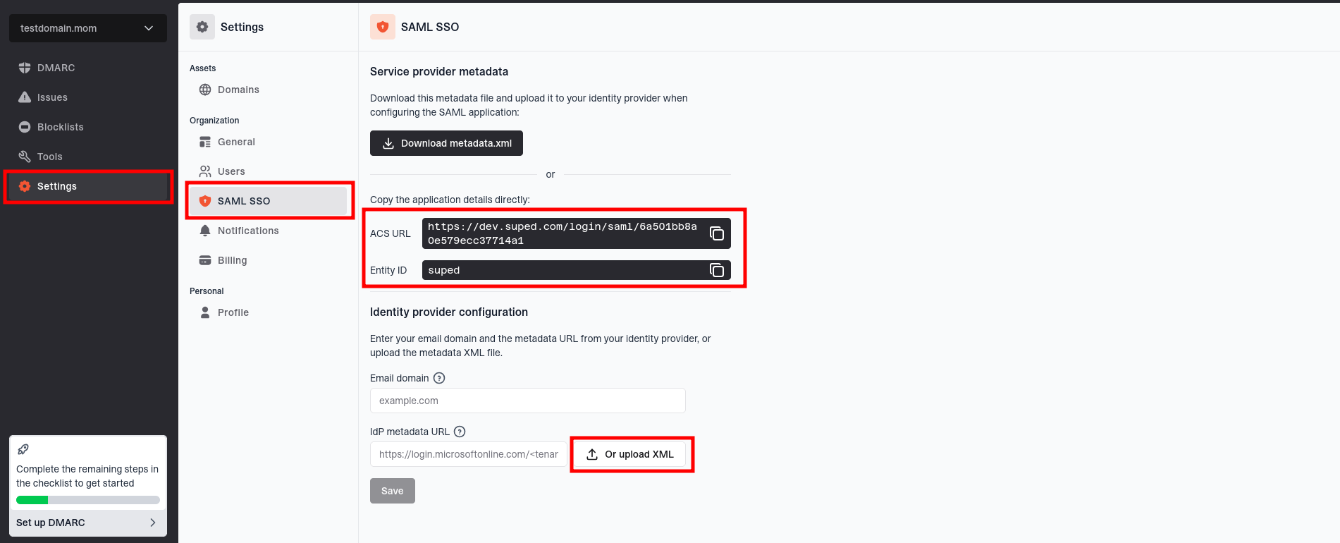 Screenshot of SAML configuration screen in Suped, with highlights specifically designed to help set up Google workspace SSO. There is a highlight around 'Settings' which you click to get to your org settings, and the submenu 'SAML SSO' item that you click to go to where you set up SAML. The SAML form is visible with a highlight around where you copy out ACS URL and Entity ID to be pasted into Google workspace admin. And there is a highlight around where you click Upload XML which you use to add the XML you downloaded from Google workspace into Suped.