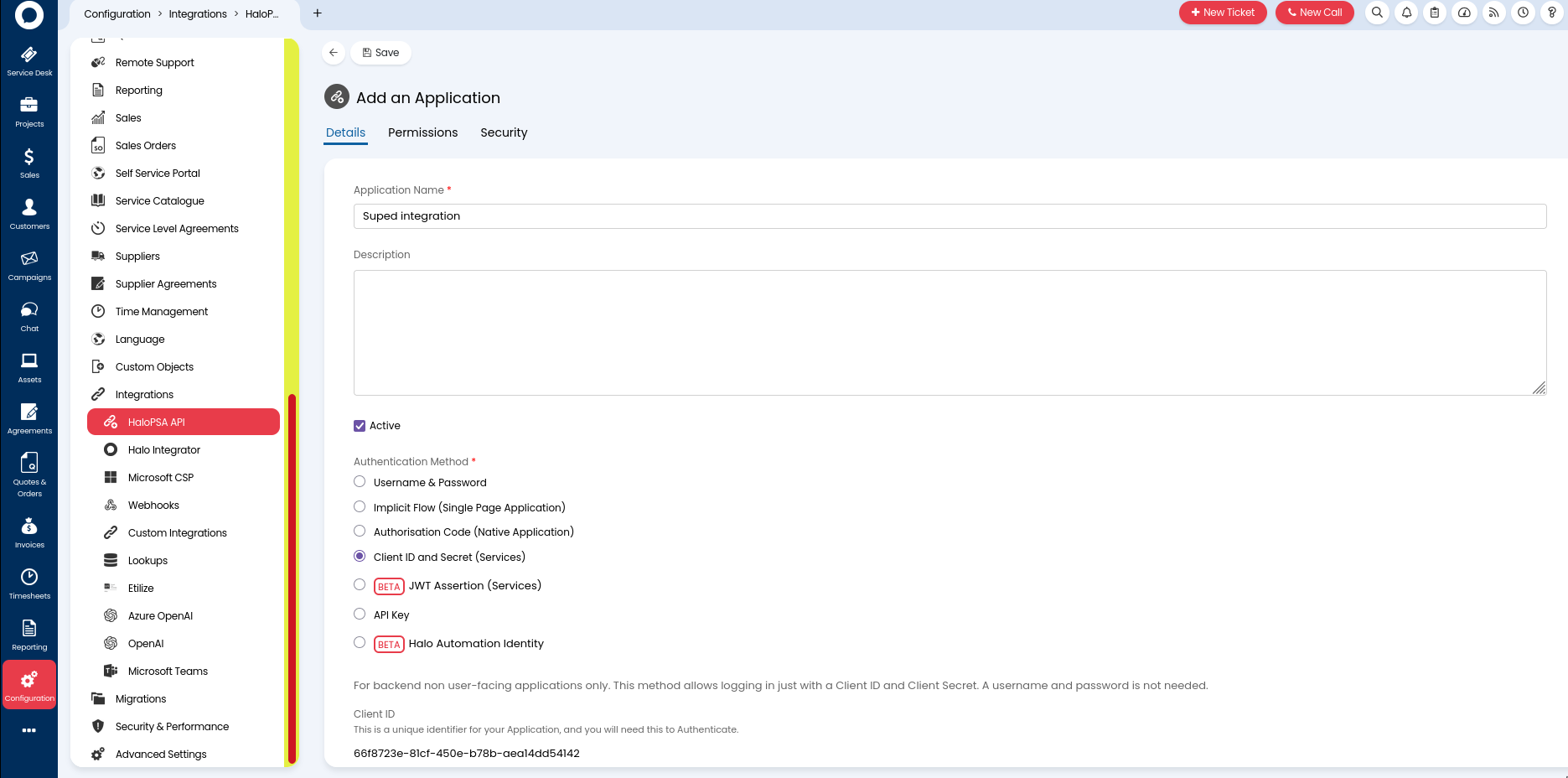HaloPSA Add an Application form showing the Suped integration name and Client ID and Secret authentication method