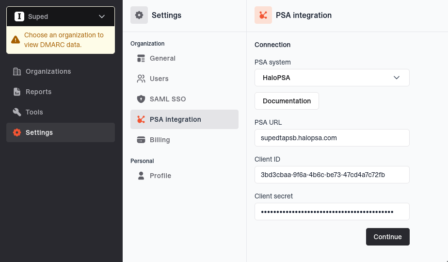 Suped HaloPSA connection form with PSA URL, client ID, masked client secret, and Continue button