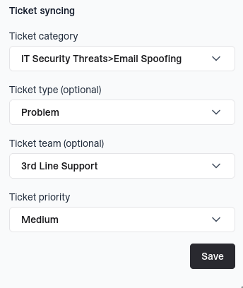 Suped HaloPSA ticket syncing settings with category, type, team, priority, and Save button
