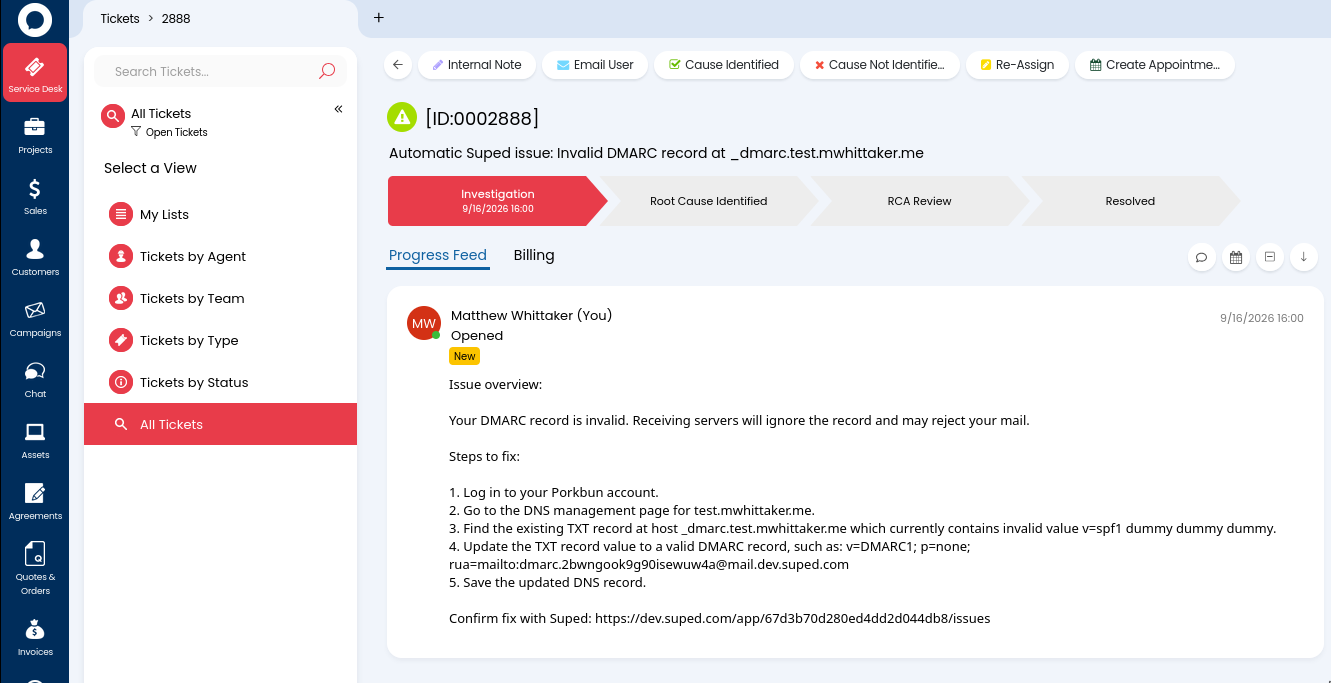 HaloPSA ticket created by Suped showing a DMARC issue overview, numbered steps to fix, and Suped confirmation link