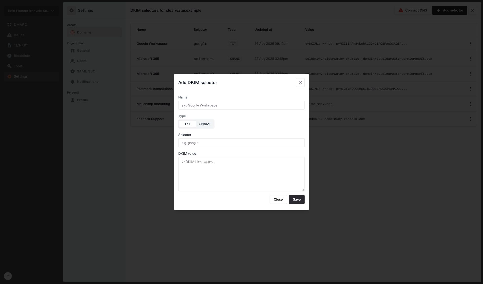 Hosted DKIM selector form with TXT and CNAME record types, selector, and public record value fields over a populated selector inventory