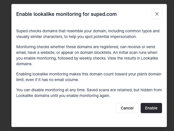 Enable lookalike monitoring dialog showing scan frequency, plan usage, and the Enable button