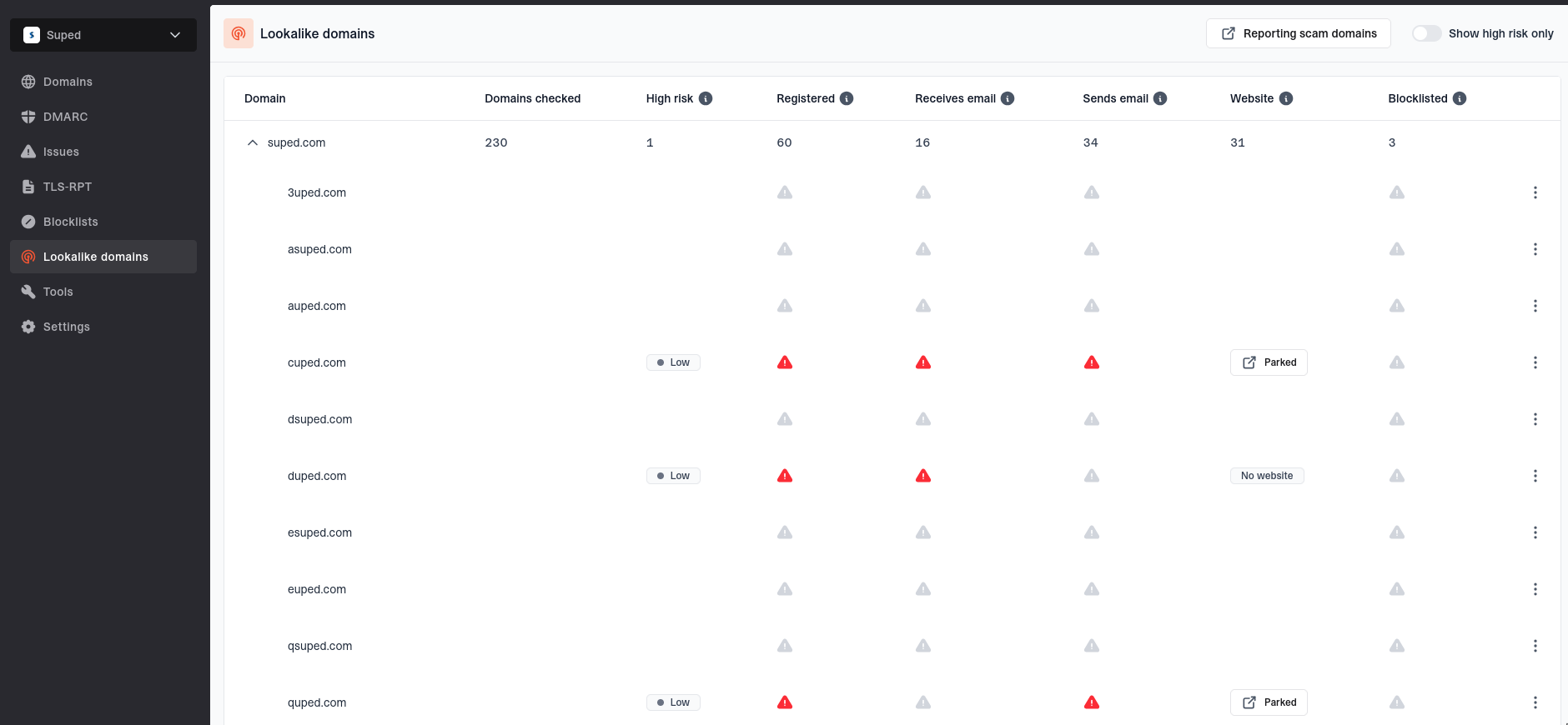 Lookalike domains dashboard showing expanded variations, risk ratings, and registration, email, website, and blocklist signals