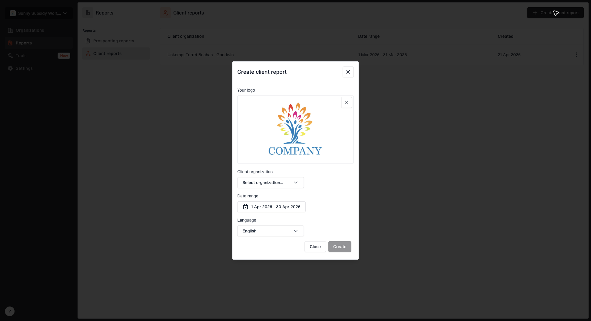 Create client report dialog with organization, date range, logo, and language options