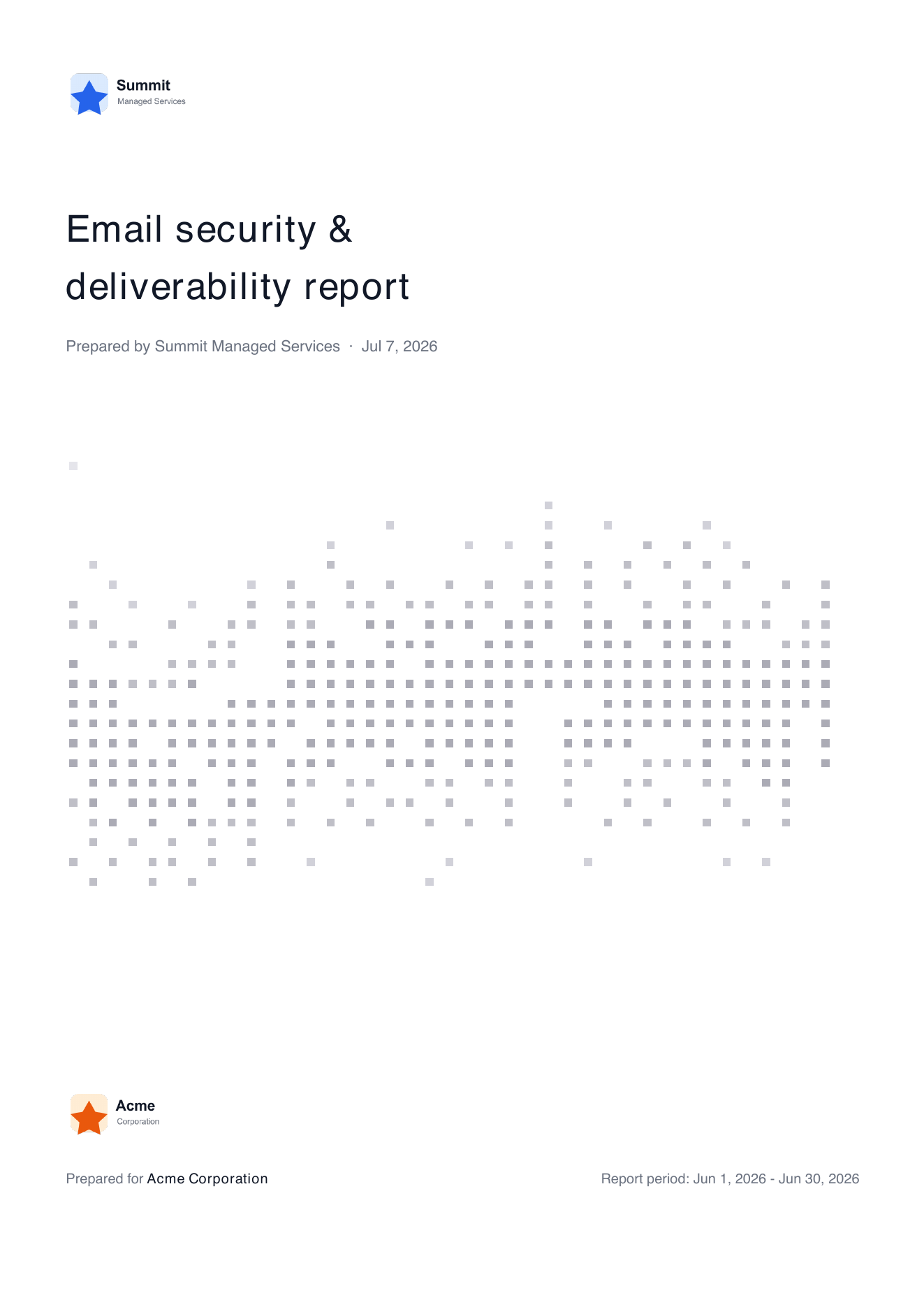 Demo client report cover page showing MSP branding, client name, and report period