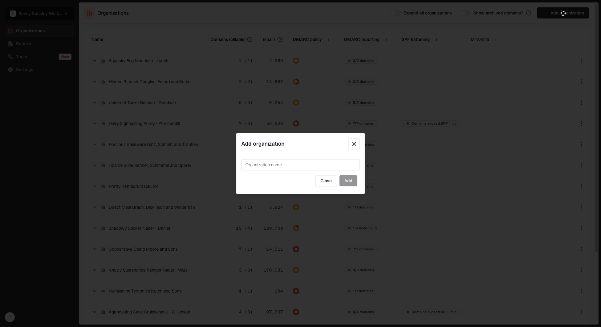 Add organization dialog for creating a new MSP client organization