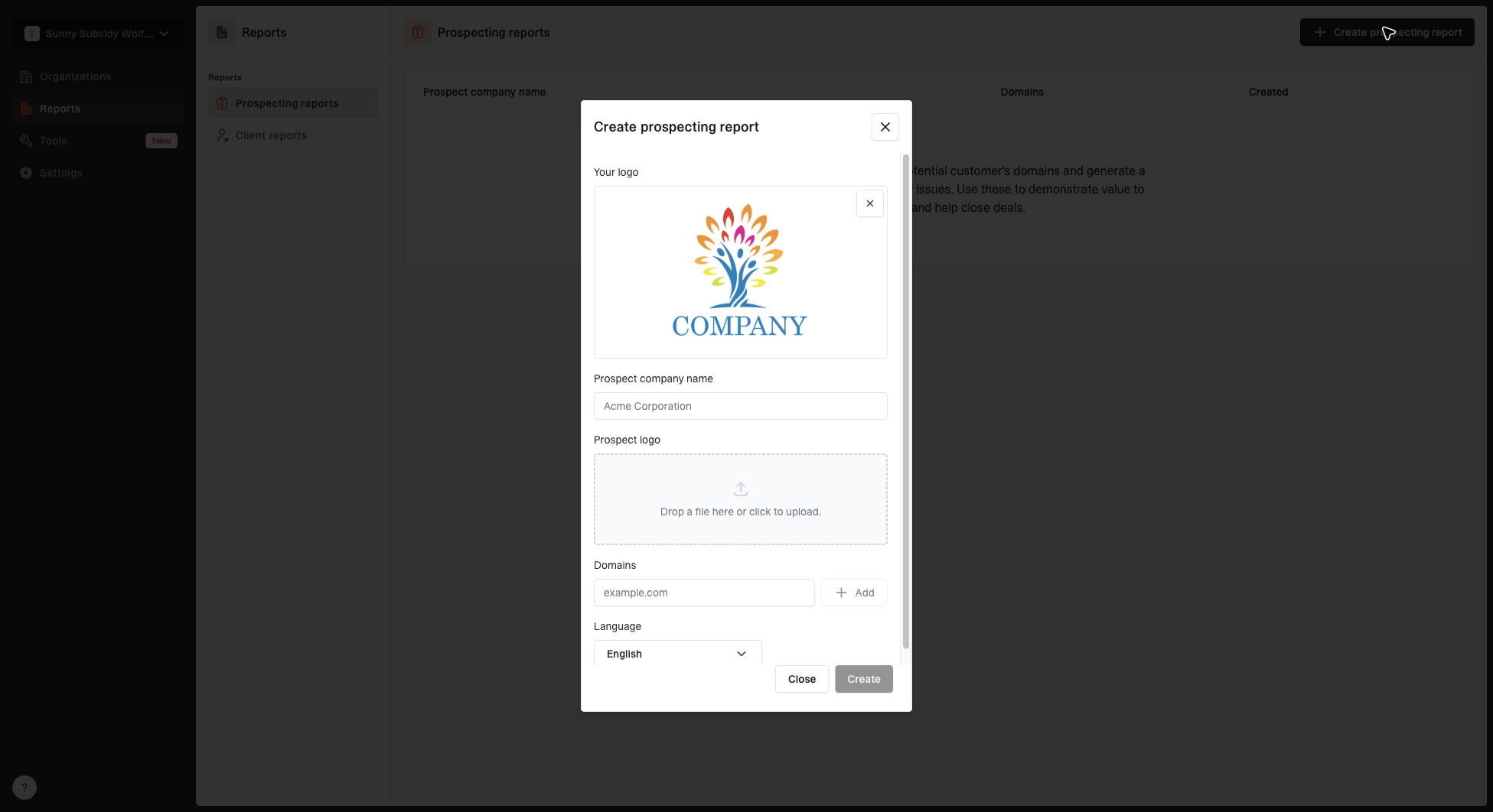 Create prospecting report dialog with MSP logo, prospect name, domains, prospect logo, and language fields