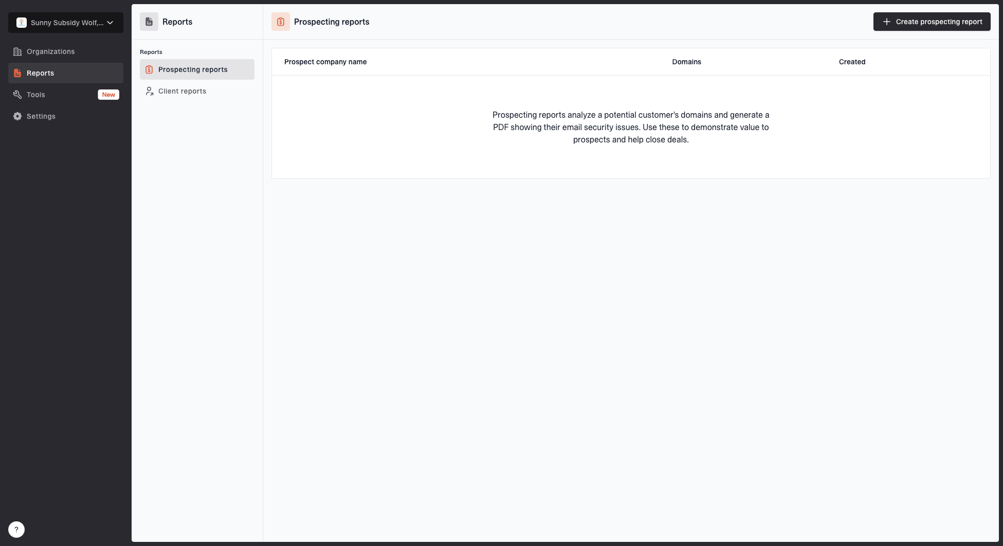 Prospecting reports page showing the reports table and create prospecting report action