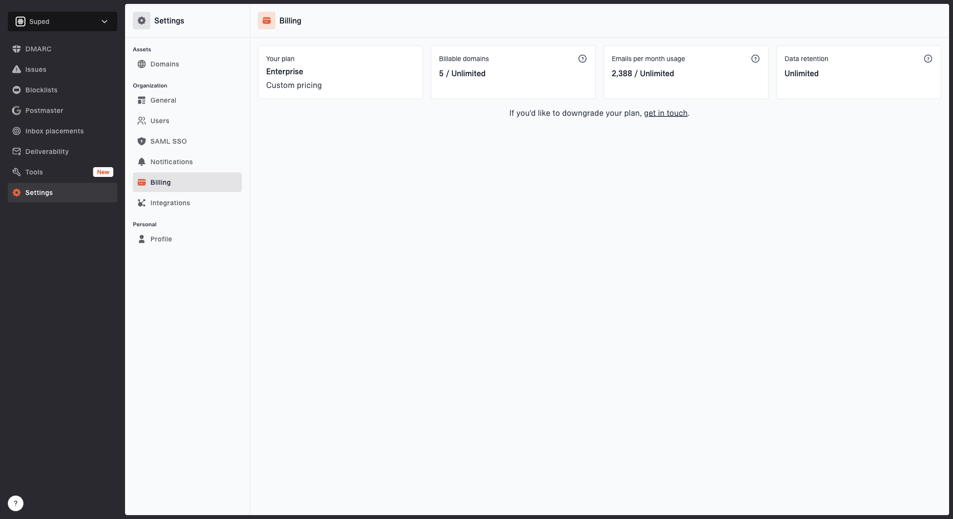 Billing settings page showing current plan, usage, upgrade options, and payment management