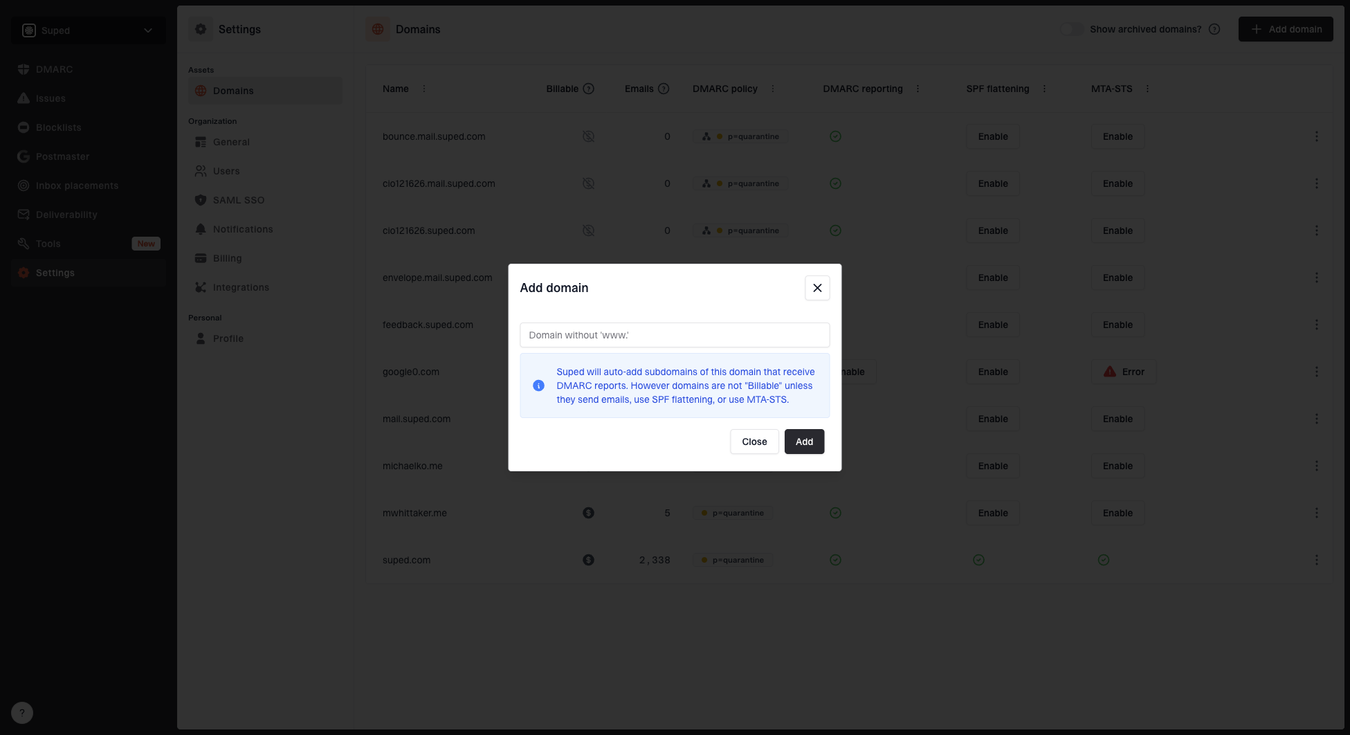 Add domain dialog with a domain field and automatic domain detection explanation