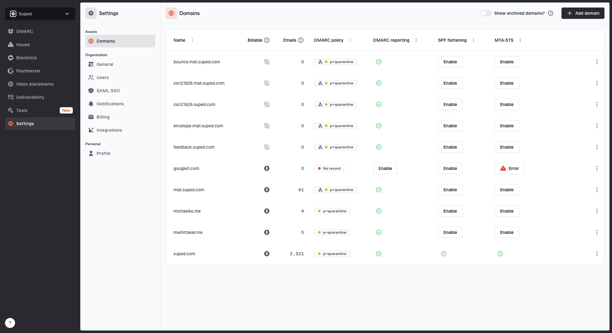 Domains settings page showing monitored domains, email volume, DMARC policy, DMARC reporting, SPF flattening, and MTA-STS