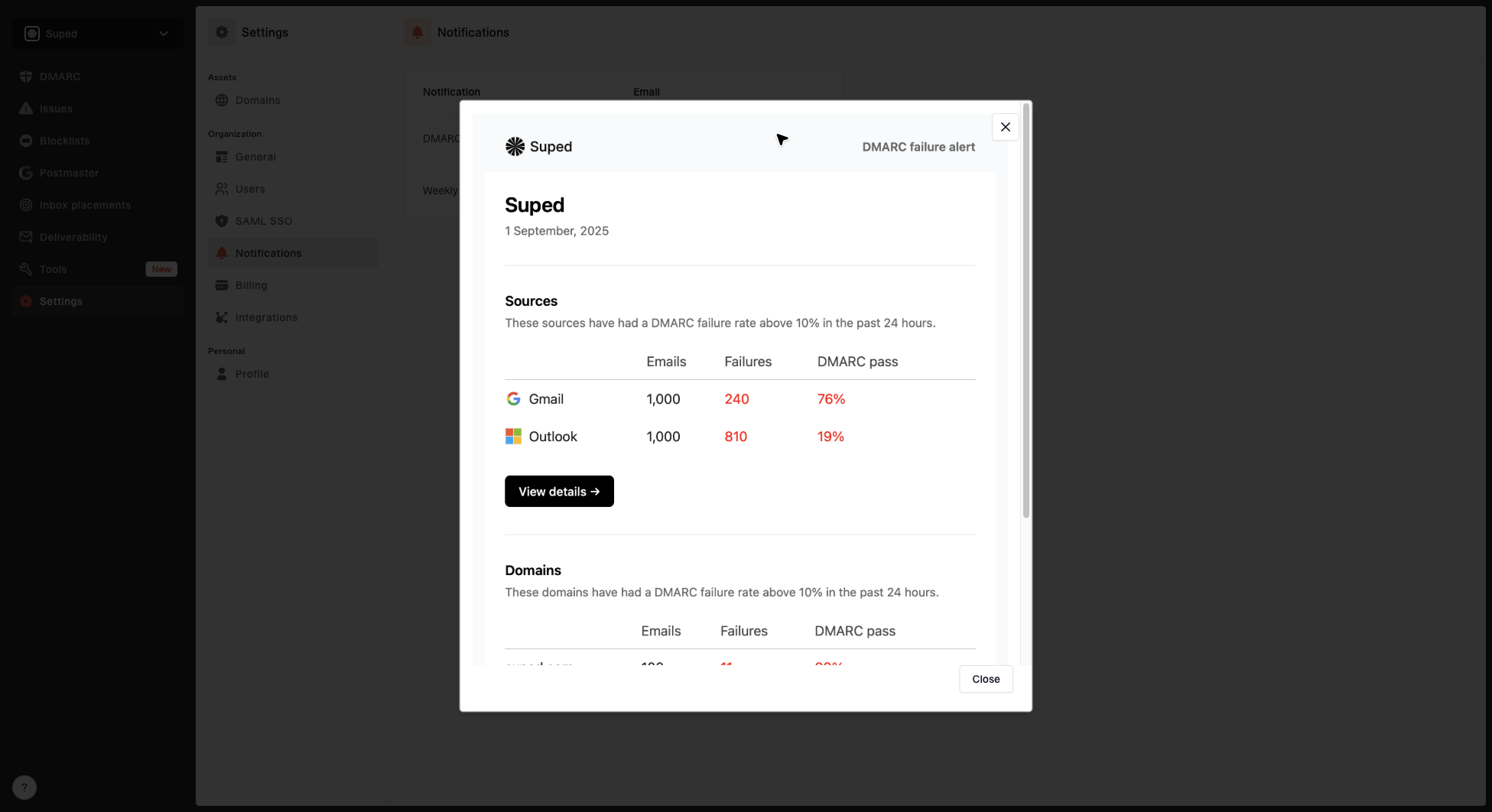 DMARC alert preview showing the notification email Suped sends when failures exceed the threshold