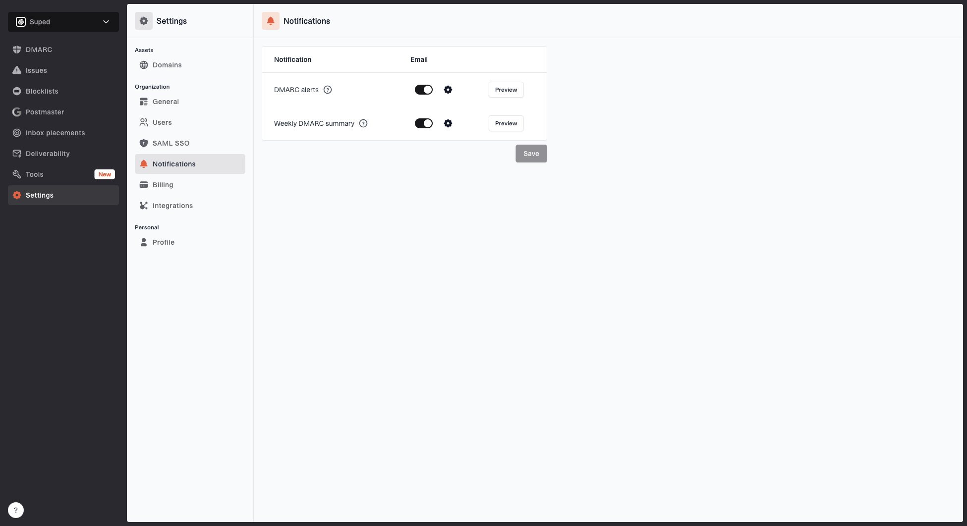 Notification settings page with DMARC alerts, weekly summary, toggles, and preview buttons